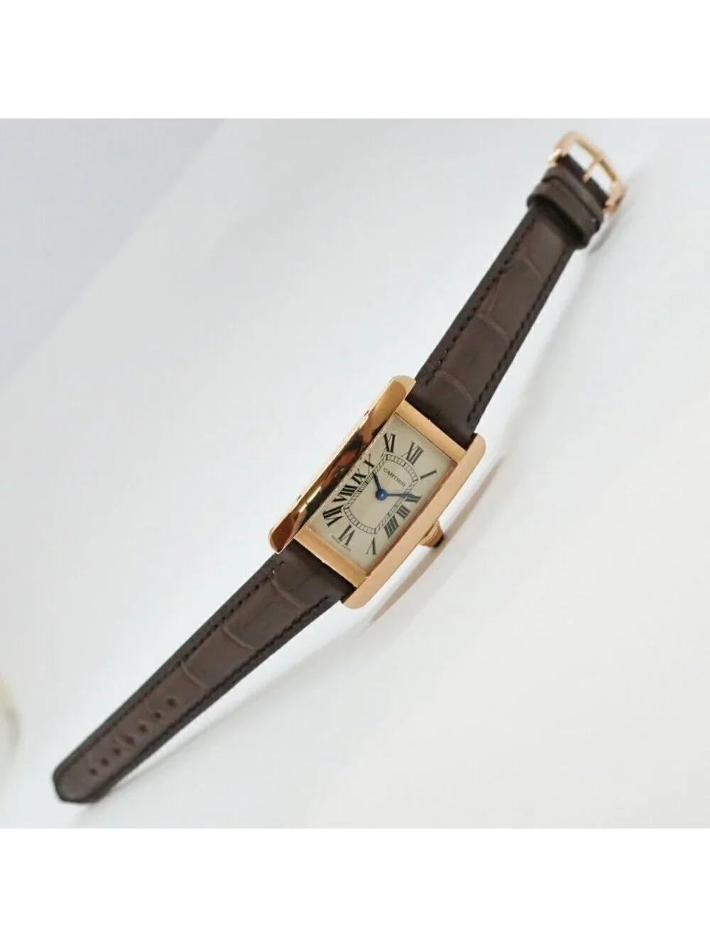 Cartier Ten & Battery Replaced Tank American SM PG Leather Silver Quartz Watch
